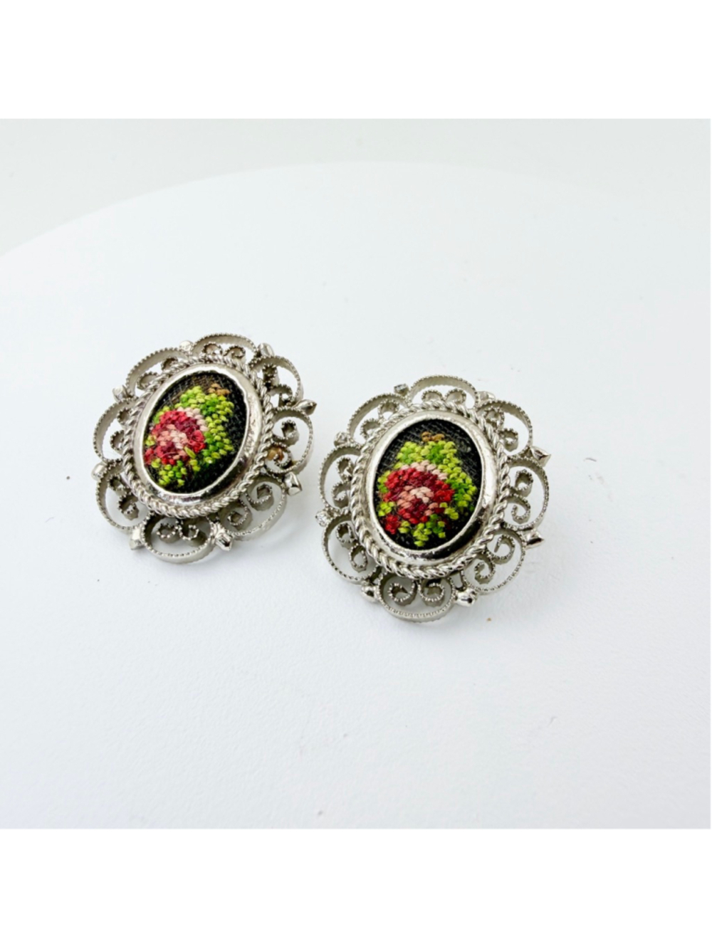 Vintage Austrian Petit Point Clip On Earrings, Floral Needlepoint Rose, Silver - Picture 2 of 7